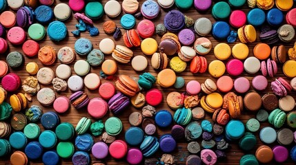 Fototapeta na wymiar abstract background top view of colorful macaron on wooden table, bakery dessert, Generative Ai