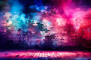 pink, blue, and red lights and brick wall with a fluorescent glow