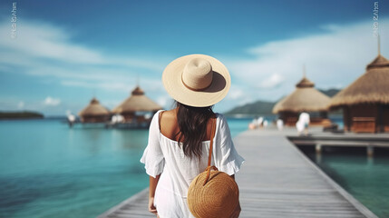 People, summer holidays and leisure concept - happy young woman in white shirt and straw hat with bag over pier and boat or tropical sea background. Generative AI