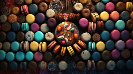 Obraz premium abstract background top view of colorful macaron on wooden table, bakery dessert, Generative Ai