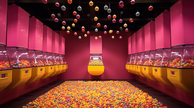 row of candy or gummy machines in room, surreal abstract background , Generative Ai