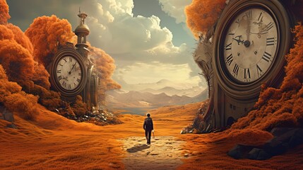 a man walking in time garden,  illustration perspective surreal dreamland, idea for self-challenge concept and experience spiritual journey background, Generative Ai
