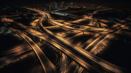Fototapeta na wymiar Night photograph of complicated intersecting highway. Road, Aerial View, City.