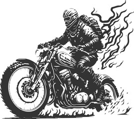 A motorized adventurer with a full-face helmet and backpack designs related to adventure, touring, and motorcycle club themes