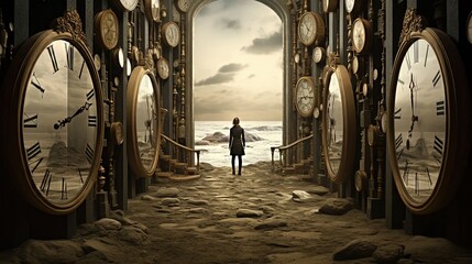 a man walking to time gate, illustration perspective surreal dreamland, idea for self-challenge concept and experience spiritual journey background, Generative Ai