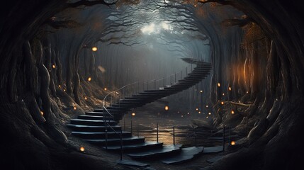 stairway to heaven, illustration perspective surreal dreamland, idea for self-challenge concept and experience spiritual journey background, Generative Ai