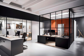 Generative AI illustration of modern company showroom, with reception area client in large office and ergonomic workstation, with glass partition office on mezzanine - obrazy, fototapety, plakaty
