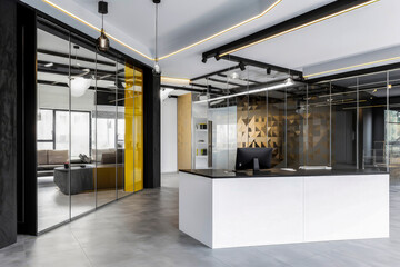 Generative AI illustration of modern company showroom, with reception area client in large office and ergonomic workstation, with glass partition office on mezzanine