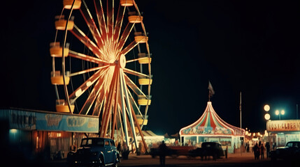 Kodachrome photo of distant shot of Ferris wheel at night in small time circus of 1960s - Powered by Adobe