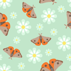 Fototapeta premium Moths and daisy on green background. Floral seamless pattern. Vector cute simple flat illustration.