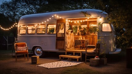 vintage home camper car decorated with Christmas lights and pot plant, Generative Ai - obrazy, fototapety, plakaty