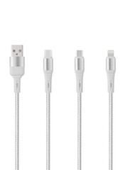 White cable for charging and synchronization with Type - C, USB, Micro USB, Lightning connectors on a white background close-up