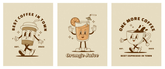 Set of retro cartoon funny characters posters. Vintage drink vector illustration. Latte, cappuccino, coffee cup, fresh juice mascot. Nostalgia 60, 70s, 80s. Print for cafe © Nadezhda Mih