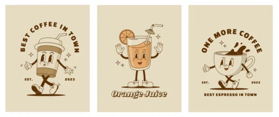 Fotobehang Vintage Poster Set of retro cartoon funny characters posters. Vintage drink vector illustration. Latte, cappuccino, coffee cup, fresh juice mascot. Nostalgia 60, 70s, 80s. Print for cafe  © Nadezhda Mih
