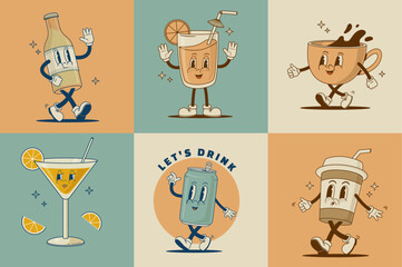 Set of retro cartoon funny characters. Martini coctail, coffee cup, cappuccino, latte, fresh juice, beer, soda can mascot. Vintage drink vector illustration. Nostalgia 60s, 70s, 80s - obrazy, fototapety, plakaty