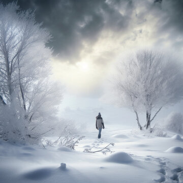 Winter Wonderland: Person Walking Through Snowy Landscape - Photo Art Created with Generative AI and Other Techniques,