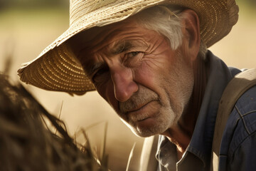 Fototapeta premium Serious Old Farmer with Straw Hat - Close up Photo Art Created with Generative AI and Other Techniques