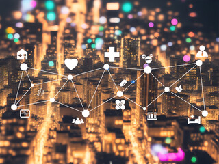 Cityscape with healthcare icons and connecting dots for health and communication networks. Generative AI. - 607913040