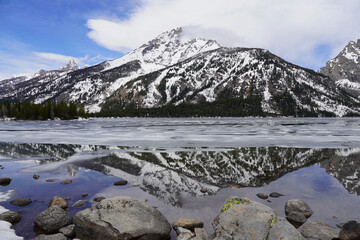Teton Mountains Reflecting in Jenny Lake as it Thaws