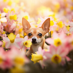 Adorable Chihuahua Dog Reveling in Pink Springtime Blossoms, Photo Art Created with Generative AI and Other Techniques