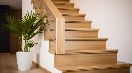 Modern natural ash tree wooden stairs in new house interior. Generative AI - obrazy, fototapety, plakaty