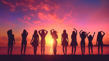 Beach Party Bliss: Silhouettes of Young People Embracing the Sunset Celebration. Generative AI