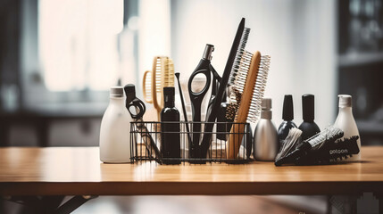 Stylish Hairdresser Equipment on a Wooden Table with a Blurred Salon Ambience