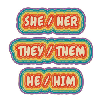 Set of colorful gay pride graphics showing gender pronouns she her they them he him non binary trans rights gay pride pin sticker set rainbow text