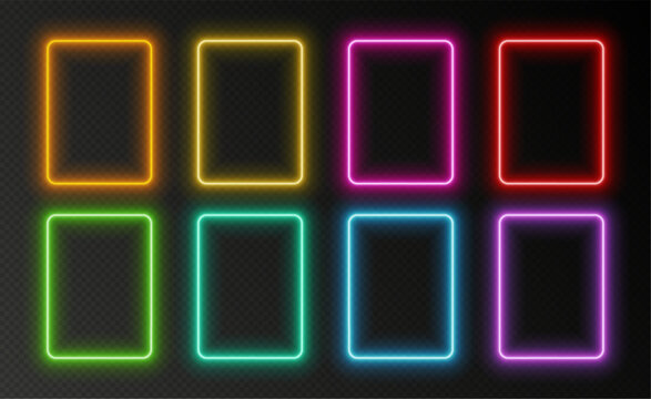 Neon rectangular frames, glowing borders set, colorful futuristic UI design elements. Vibrant geometric shapes, modern signs collection. Bright social media templates. Vector illustration.