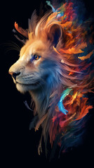 digital artwork of a lion with colorful flames coming out of its mane and eyes, Generative Ai