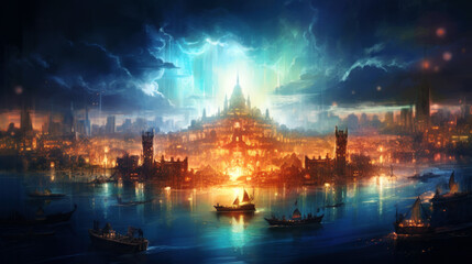 A fantastical city of light pulsating with ethereal energy. Generative ai.
