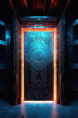 The concept of change with an elaborate doorway inscribed with symbols and showing a fiery light behind. Generative ai.