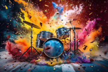 Drum kit with rainbow paint energetic explosion, Generative AI.	
