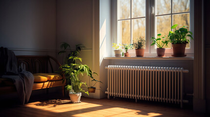 Cozy Comforts, Radiator, Home Heating, and Lush House Plants in the Inviting Living Room. Generative AI