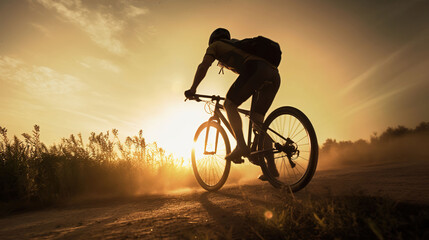 Fototapeta na wymiar A man riding his bike at sunrise, soft warm lighting, Generative AI