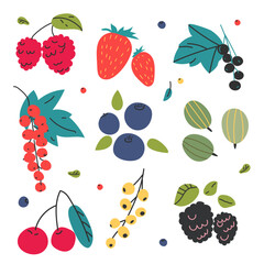 Set of colorful doodles of various berries. Set of flat icons - strawberries, cherries, gooseberries, currants, raspberries, blackberries, blueberries. Vector hand drawn illustration.