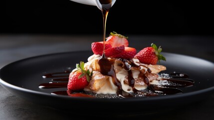 balsamic vinegar glaze being poured onto a dish of sliced strawberries and vanilla ice cream