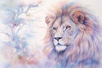 dreamlike watercolor lion print where the lion appears almost mystical. soft, pastel colors like lavender, blush pink, and pale blue to create a serene and otherworldly atmosphere