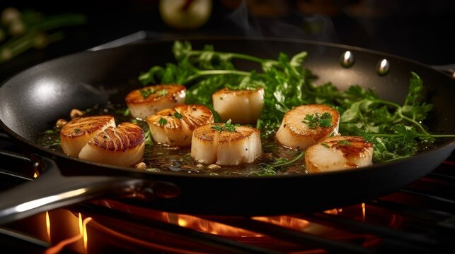 scallops cooking in a pan with garlic butter, alongside fresh herbs and spices