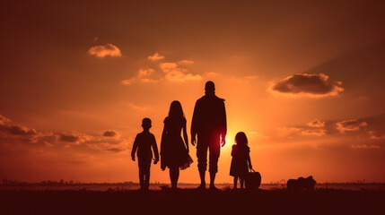 Sunset Embrace: Silhouetted Happy Family Against the Setting Sun. Generative AI