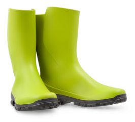 Green rubber boots gardening tool equipment. Spring concept for home garden work or vegetable garden and plant care. Also useful for rain. Front view isolated on white background