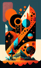 3d style wall art poster with night scene, moons, stars, trees and a pyramid from geometric shapes and patterns in black, teal and orange color palette. Generative AI illustration