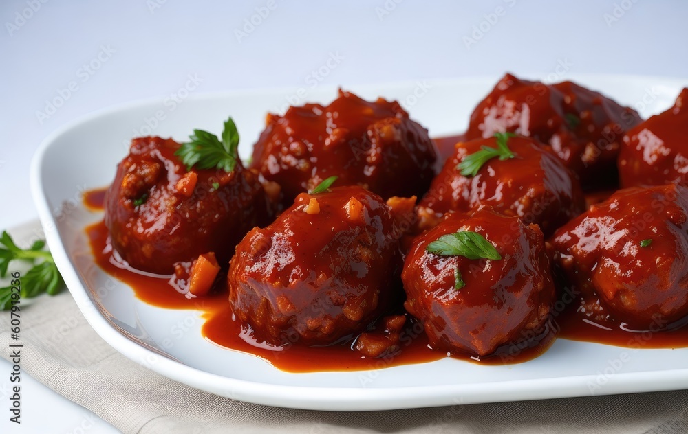 Wall mural Grilled meatballs with spicy sauce on a plate, 3d rendering - Wall murals