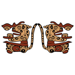 Symmetrical animal design with two stylized sitting jaguars. Native American ethnic art of Maya Indians. Isolated vector illustration.