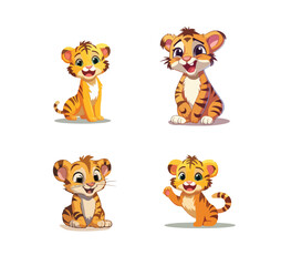 Vector illustration of a tiger cub with different emotions and poses on a white background