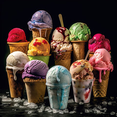 Various colorful ice cream .Set of various ice cream scoops in waffle cones.concept