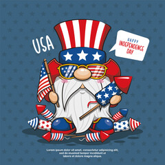Happy 4th of July America Independence Gnome Celebrating, Cute Cartoon Illustration