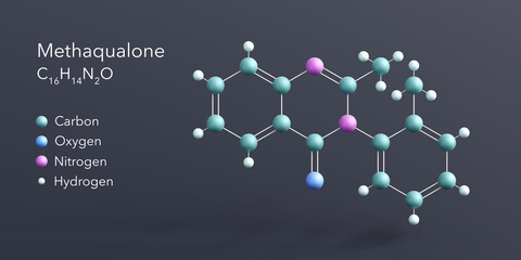 methaqualone molecule 3d rendering, flat molecular structure with chemical formula and atoms color coding