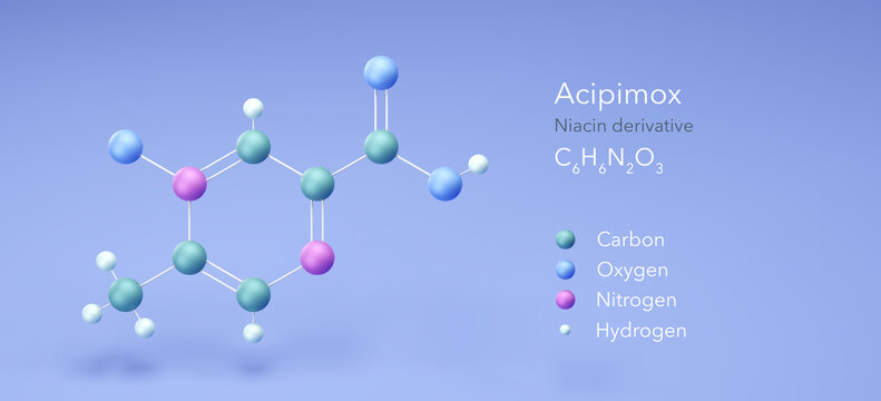 acipimox molecule, molecular structures, olbetam, 3d model, Structural Chemical Formula and Atoms with Color Coding
