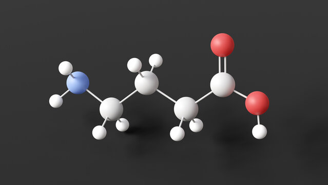 gaba molecule, molecular structure, gamma-aminobutyric acid, ball and stick 3d model, structural chemical formula with colored atoms